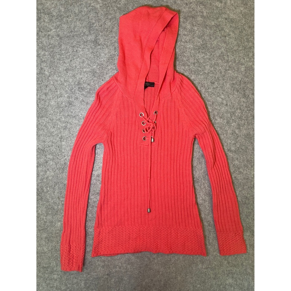 Jessica Simpson Women Coral Pink Ribbed Lace Up Hooded Sweater Size Medium